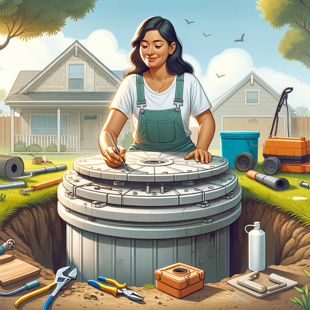 A middle-aged South Asian woman homeowner performs DIY septic tank lid repair in her backyard, using affordable tools and materials, with a modest suburban home in the background.